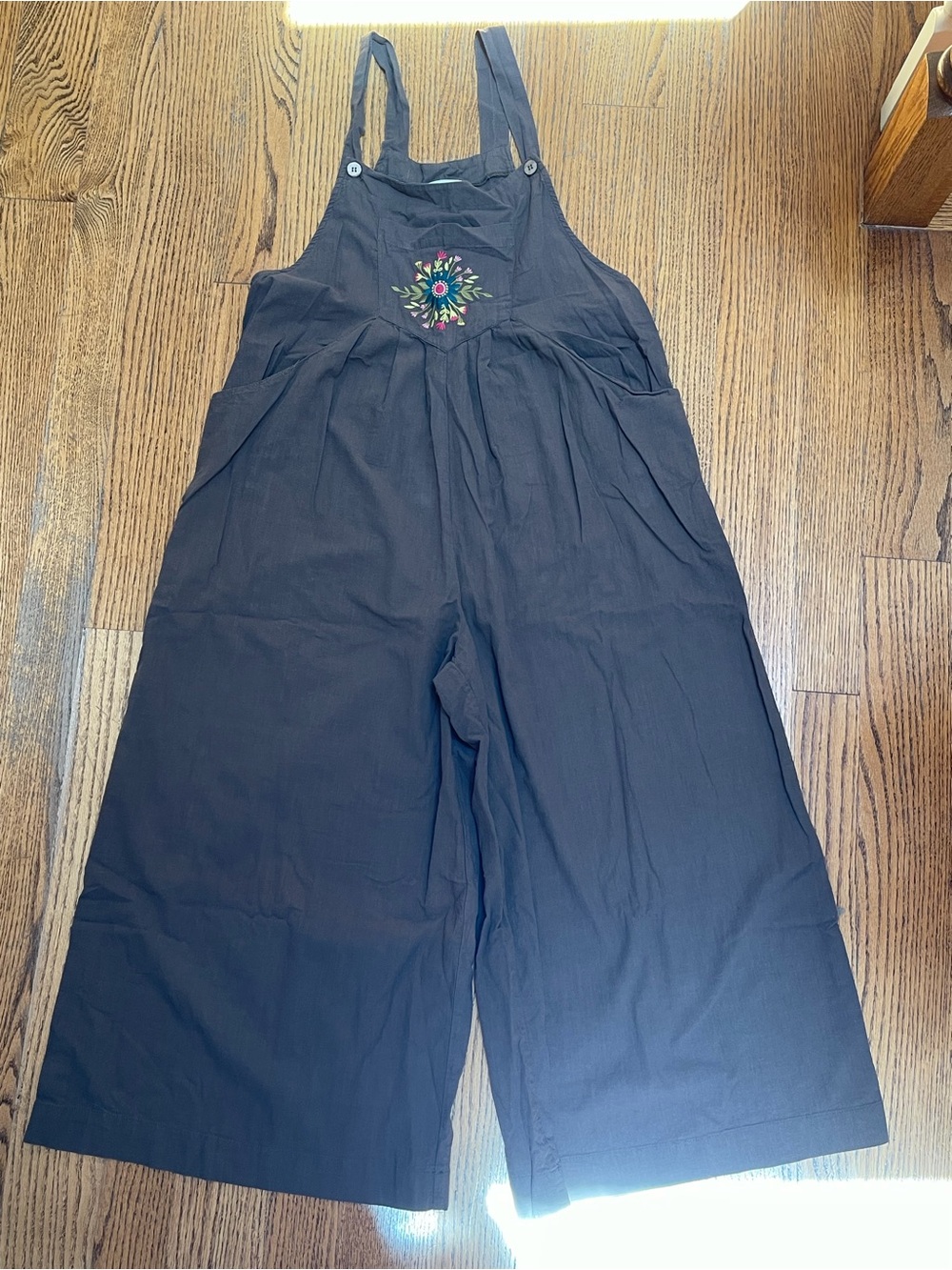 NATURAL LIFE Olive Green Wide-Leg Embroidered Overalls